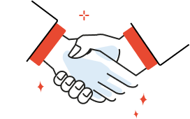 Illustration of two hands shaking in agreement with red cuff accents and small decorative stars.