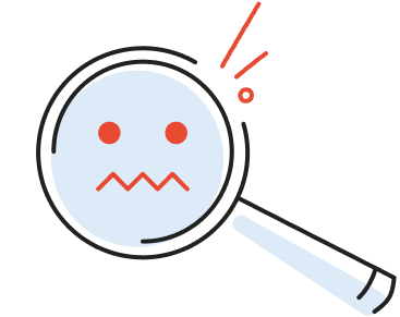 Magnifying glass focusing on a worried face with red eyes and zigzag mouth.
