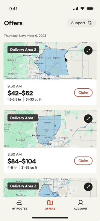 Mobile app screen showing three delivery offer areas with prices, times, and claim buttons on November 9, 2023.