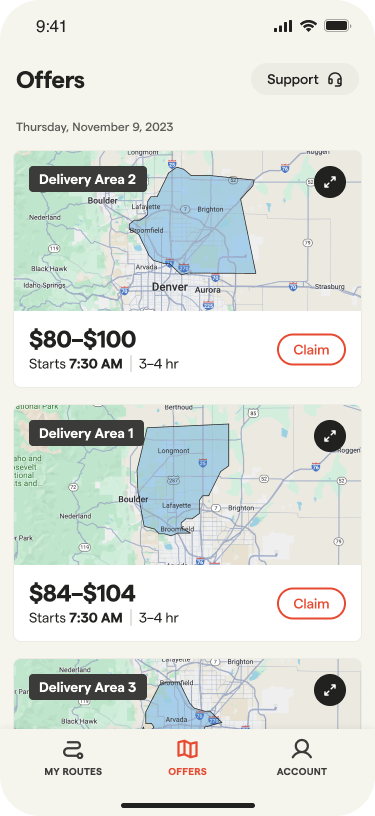 Mobile app screen showing three delivery offer areas around Denver with payment ranges and claim buttons.