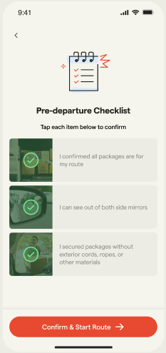 Mobile app screen showing a pre-departure checklist with three confirmation items and a red confirm and start route button.