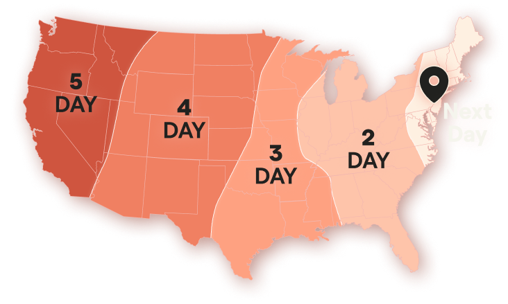 Ground Plus Zero US delivery map, next day to 5 days.