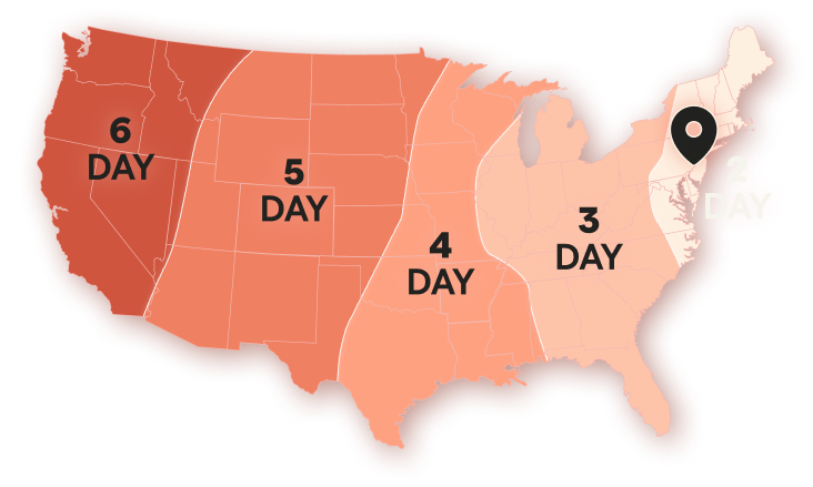 Ground Plus One US delivery map, 2 to 6 days.
