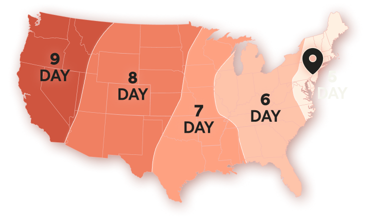 Ground Plus Four US delivery map, 5 to 9 days.